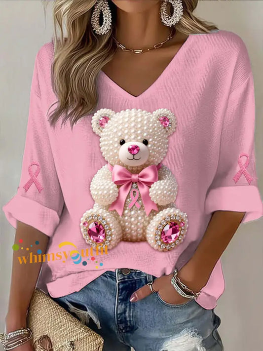 Women’s Vintage Breast Cancer Bear Pearls Abstract Print Waffle T shirt Pink / S