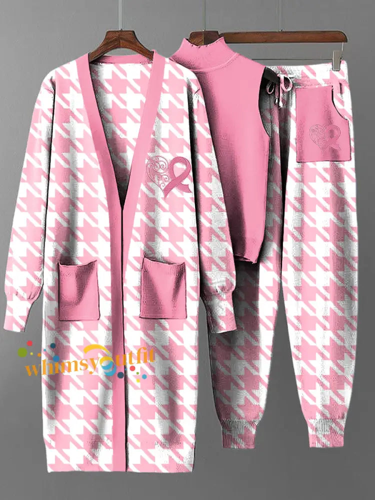 Women’s Vintage Breast Cancer Houndstooth Long Coat Knit Three Piece Set Multicolour / S