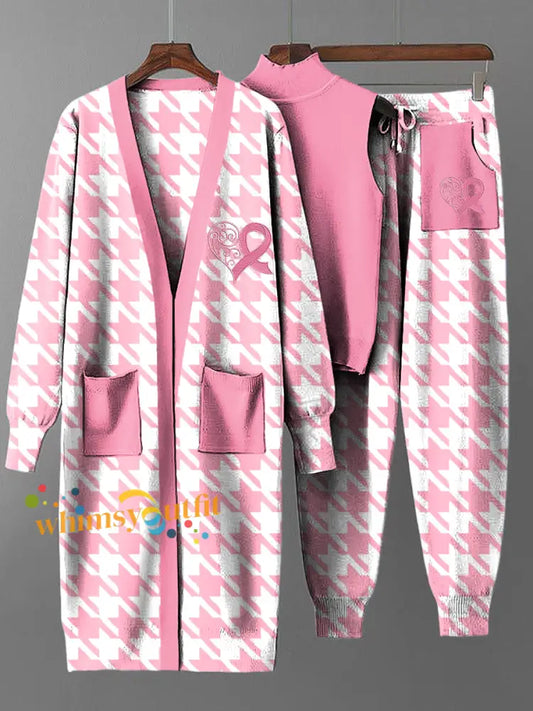 Women’s Vintage Breast Cancer Houndstooth Long Coat Knit Three Piece Set Multicolour / S