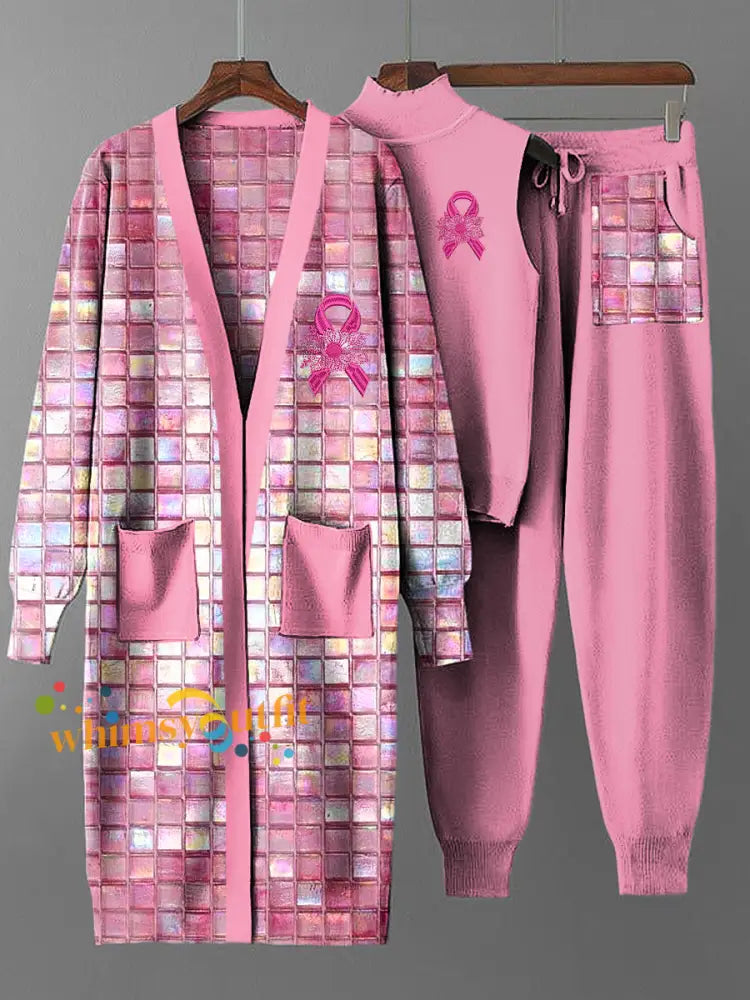 Women’s Vintage Breast Cancer Ribbon Long Coat Knit Three Piece Set Multicolour / S