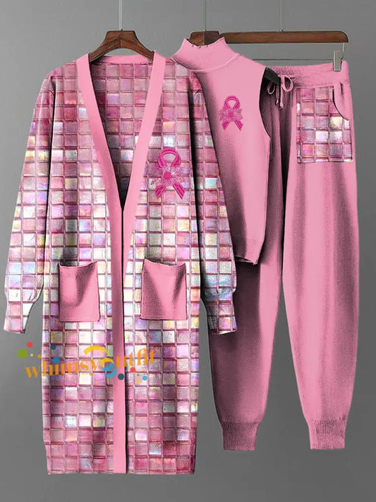 Women’s Vintage Breast Cancer Ribbon Long Coat Knit Three Piece Set Multicolour / S