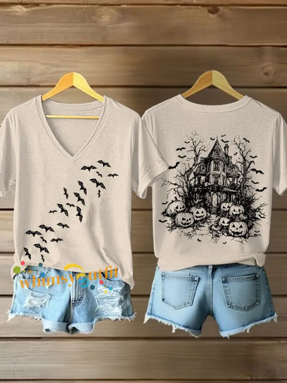 Women’s Vintage Halloween Bats Pumpkin Short Sleeve T Shirt Apricot / S
