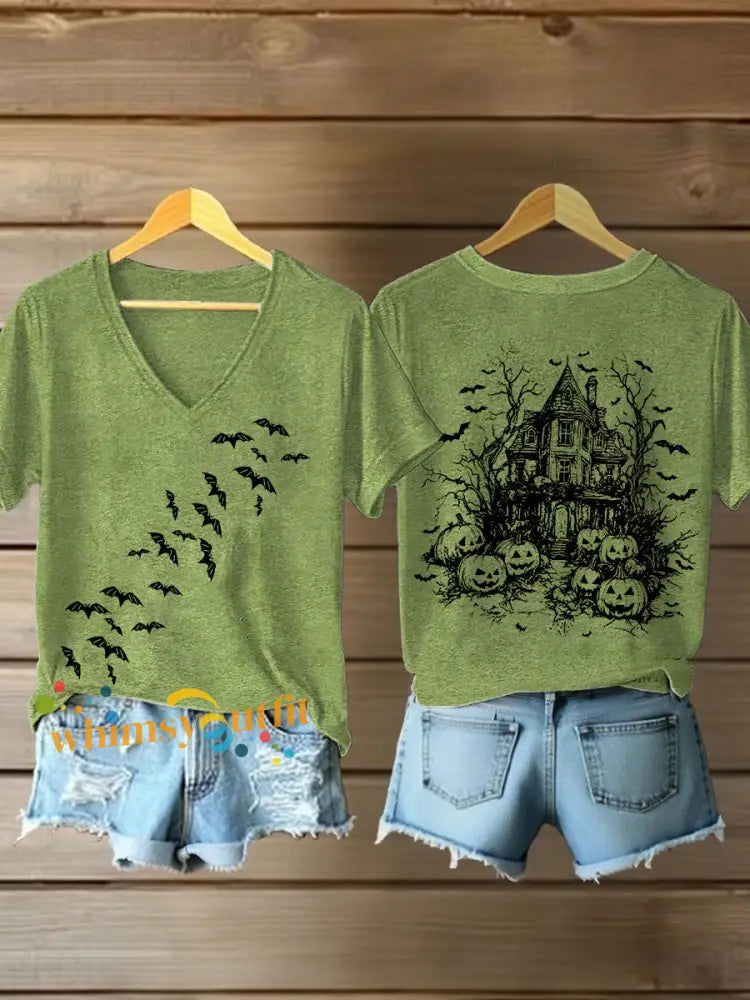 Women’s Vintage Halloween Bats Pumpkin Short Sleeve T Shirt Green / S