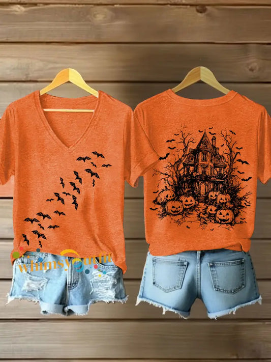Women’s Vintage Halloween Bats Pumpkin Short Sleeve T Shirt Orange / S