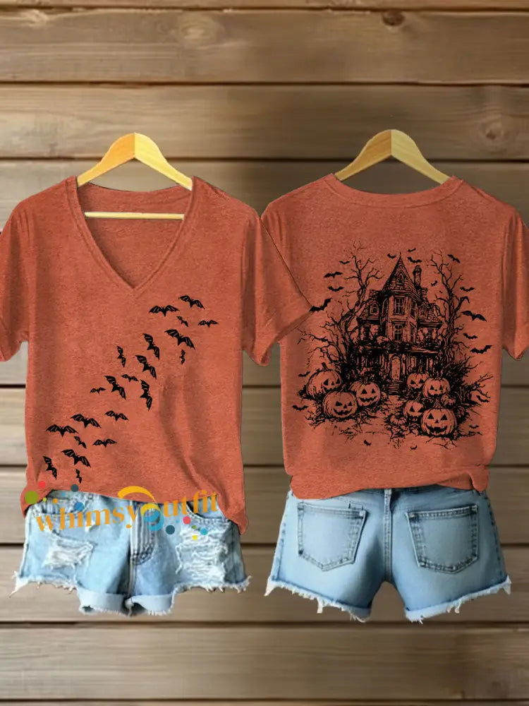 Women’s Vintage Halloween Bats Pumpkin Short Sleeve T Shirt Pumpkin Orange / S