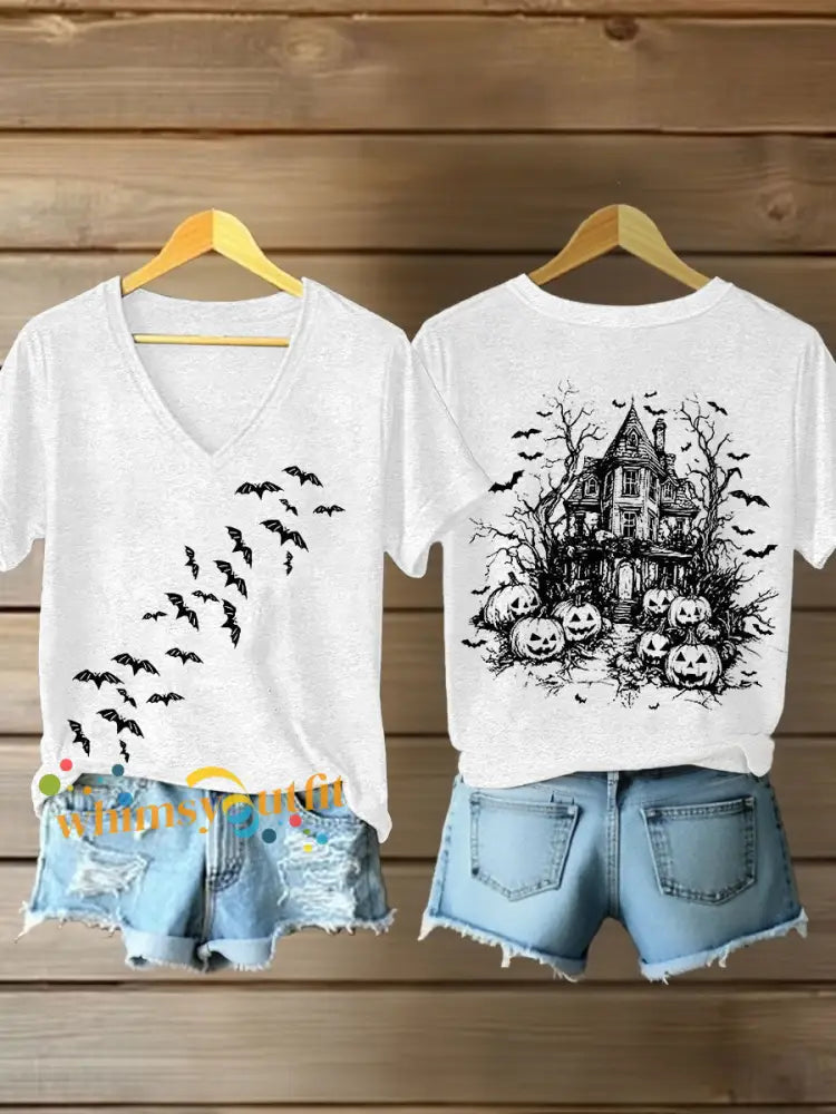Women’s Vintage Halloween Bats Pumpkin Short Sleeve T Shirt White / S