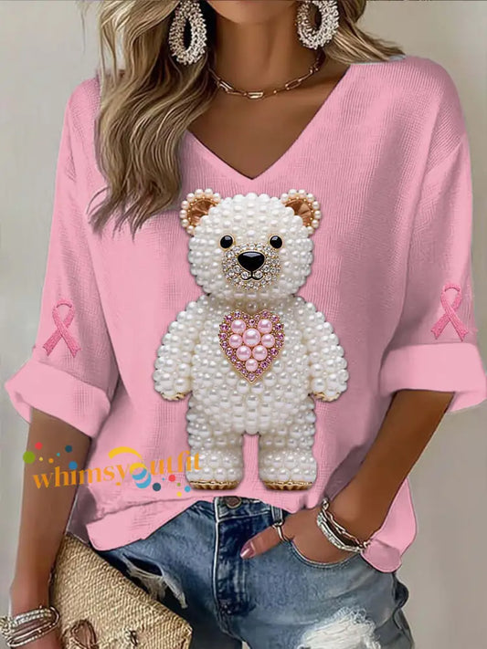 Women’s Vintage Love Bear Pearl Breast Cancer Waffle T shirt Pink / S