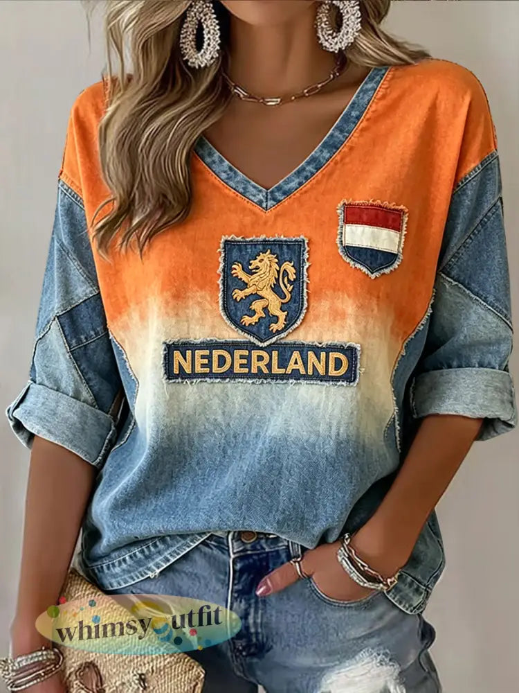 Women’s Vintage Nederlandse Leeuw Embleem Artistieke Gradiënt V-hals T-shirt - Sinaasappel / S