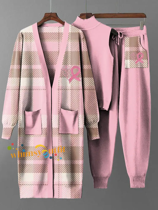 Women’s Vintage Pink Plaid Long Coat Knit Three Piece Set Multicolour / S