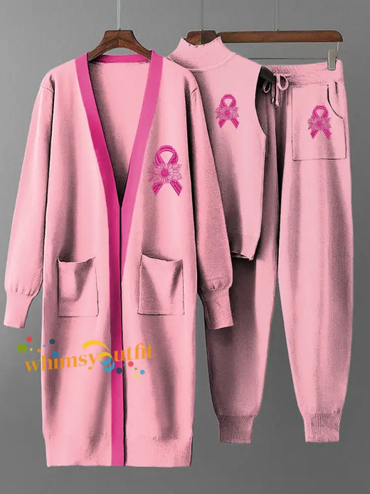 Women’s Vintage Pink Ribbon Long Coat Knit Three Piece Set Multicolour / S