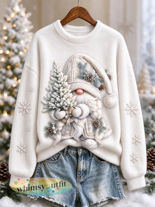 Women’s White Christmas Gnome Print Gezellig Flanellen Sweatshirt - Wit / S