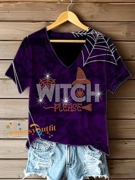 Women’s Witch Please Halloween Printed V neck T shirt As picture / S