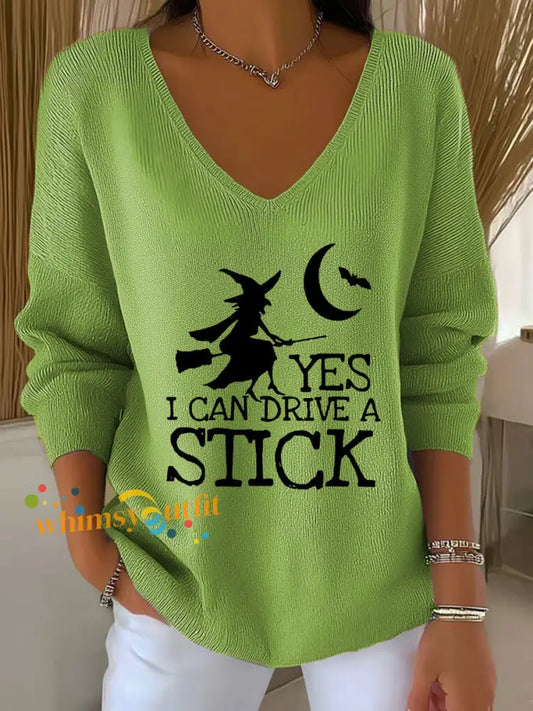 Women’s witch ’Yes I Can Drive A Stick’ print knit top Green / S