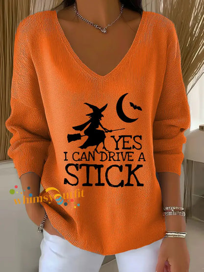 Women’s witch ’Yes I Can Drive A Stick’ print knit top Orange / S