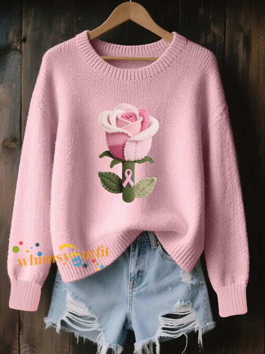 Women’s Wool Felt Art Floral Pattern Cozy Knitted Sweater Pink / S