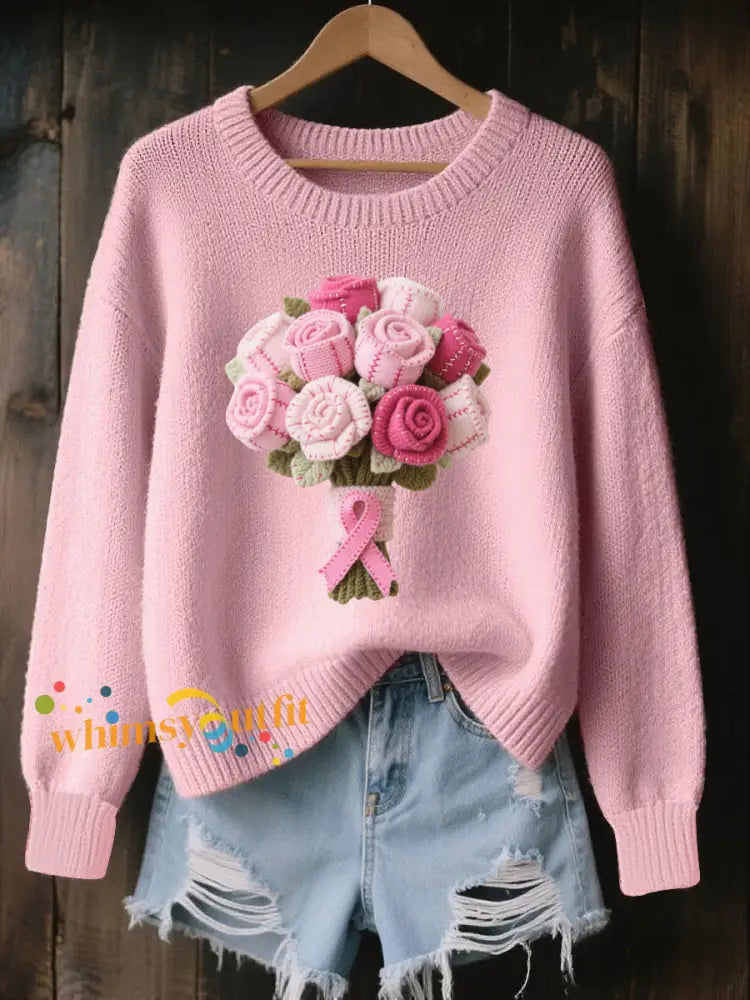Women’s Wool Felt Art Floral Pattern Cozy Knitted Sweater Pink / S