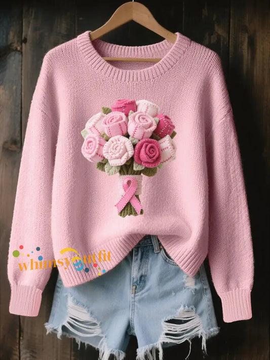 Women’s Wool Felt Art Floral Pattern Cozy Knitted Sweater Pink / S