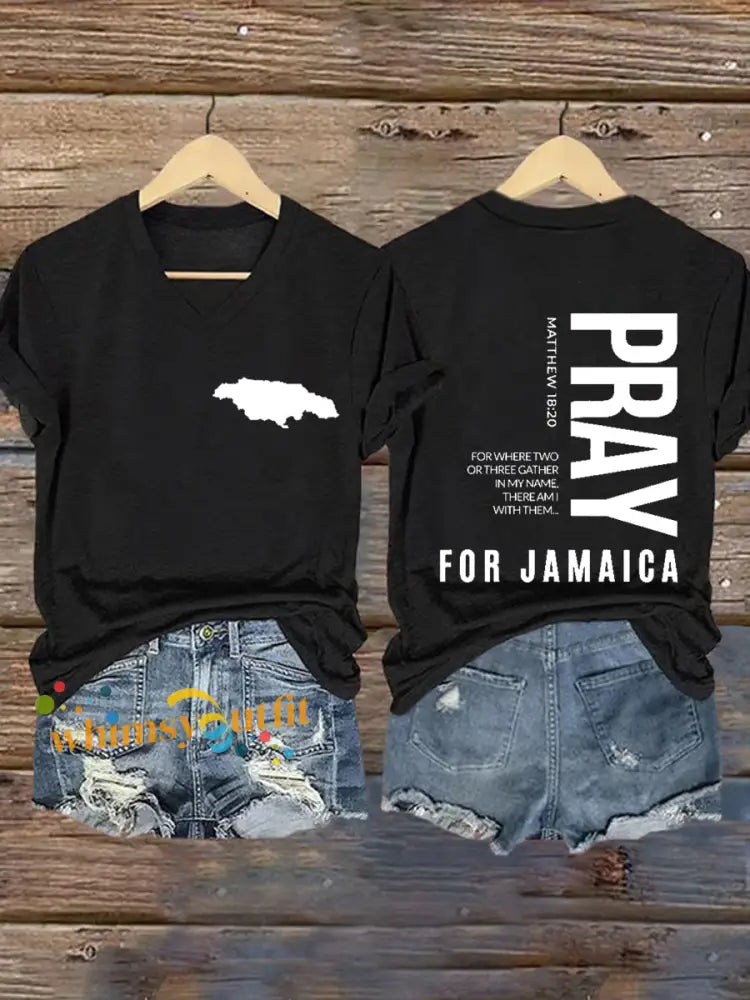 Women’sHurricane Melissa Jamaica Stronger Than The Storm Pray For Jamaica V-Neck Tee Black / S