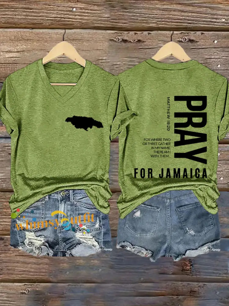 Women’sHurricane Melissa Jamaica Stronger Than The Storm Pray For Jamaica V-Neck Tee Green / S