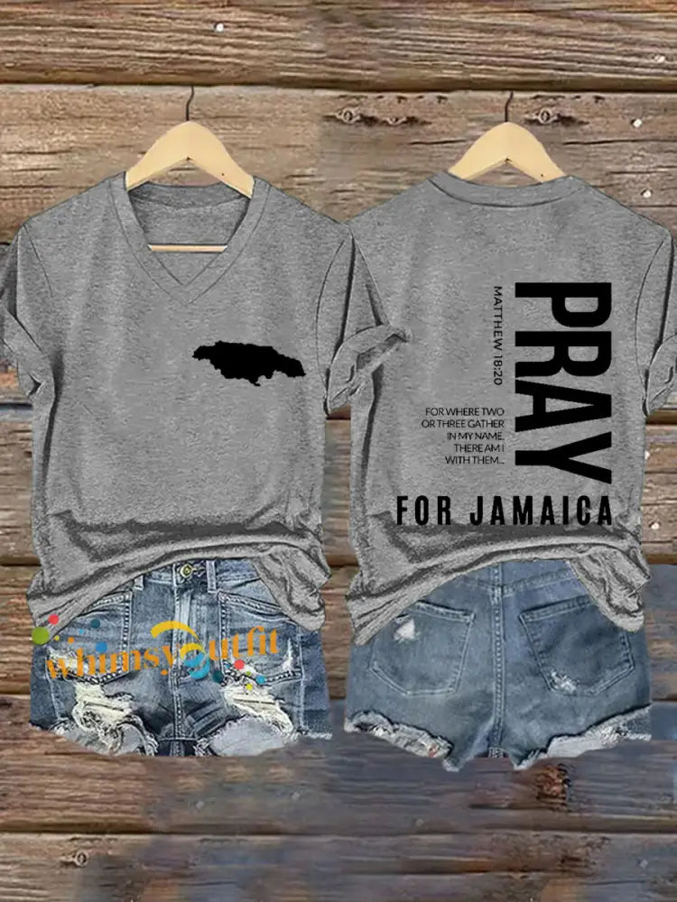 Women’sHurricane Melissa Jamaica Stronger Than The Storm Pray For Jamaica V-Neck Tee Light Gray / S