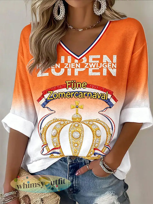 Zomers carnavalst-shirt voor dames uit Rotterdam met verloopprint en v-hals casual stijl - Sinaasappel / S
