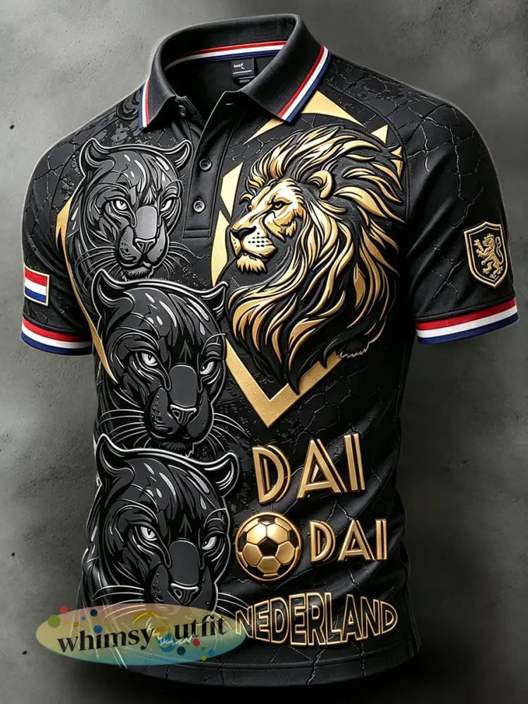 Zwart 3D-geprint casual poloshirt voor mannen met voetbalthema Nederland 2026 - Zwart / S