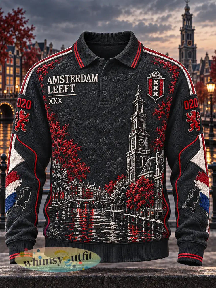 Zwart casual poloshirt voor heren met Amsterdam-stadprint en lange mouwen - Zwart / S