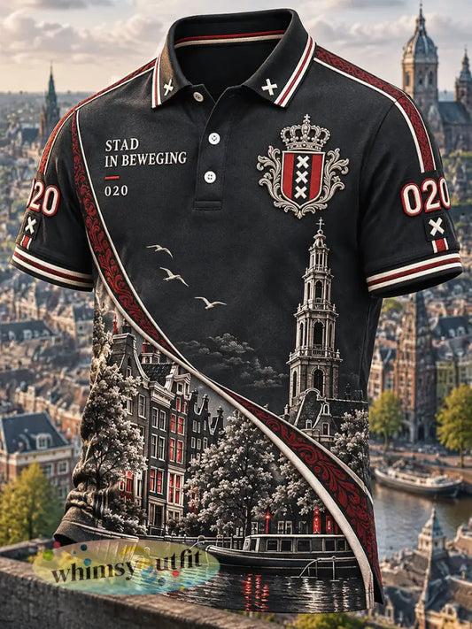 Zwart casual poloshirt voor heren met Amsterdam-stadprint - Zwart / S