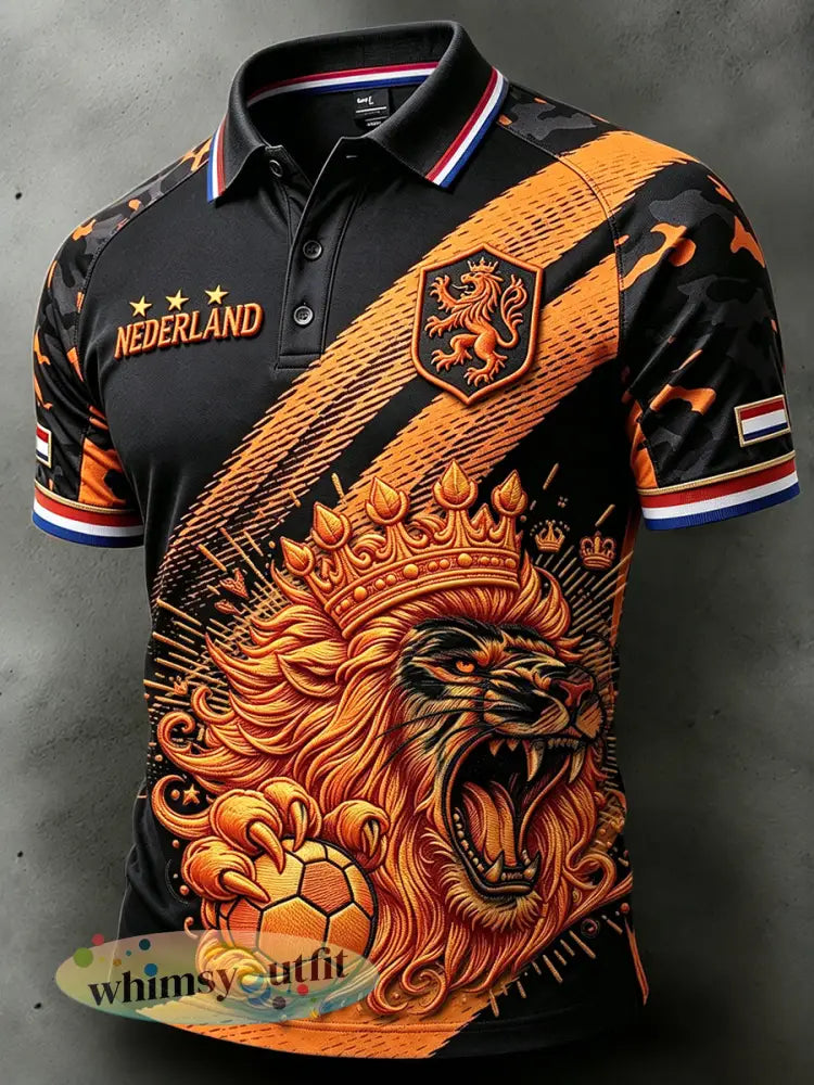Zwart Nederlands voetbalpoloshirt voor heren met leeuwen- en camouflageprint in patchworkstijl casual model - Zwart / S