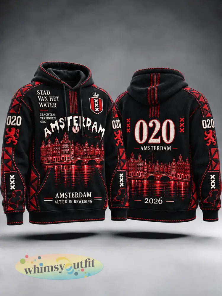 Zwarte Amsterdam City patchworkprint casual hoodie voor heren - Zwart / S