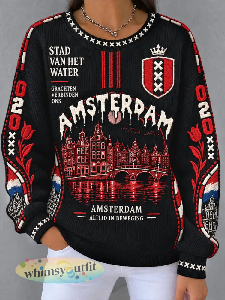 Zwarte Amsterdam-stad dames-sweatshirt met patchworkprint casual stijl - Zwart / S