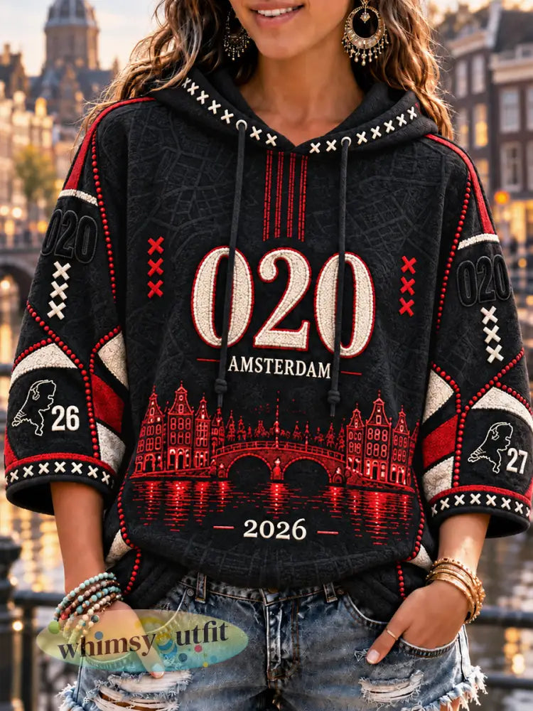 Zwarte Amsterdam-stadprint casual hoodie voor dames - Zwart / S