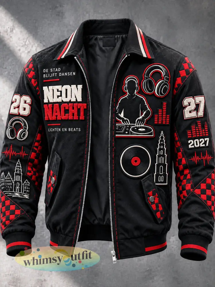 Zwarte casual en stijlvolle jas met rits voor heren bedrukt met Amsterdam Electronic Music Festival-design - Zwart / S