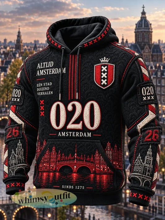 Zwarte casual hooded sweatshirt voor heren met Amsterdam-stadprint - Zwart / S