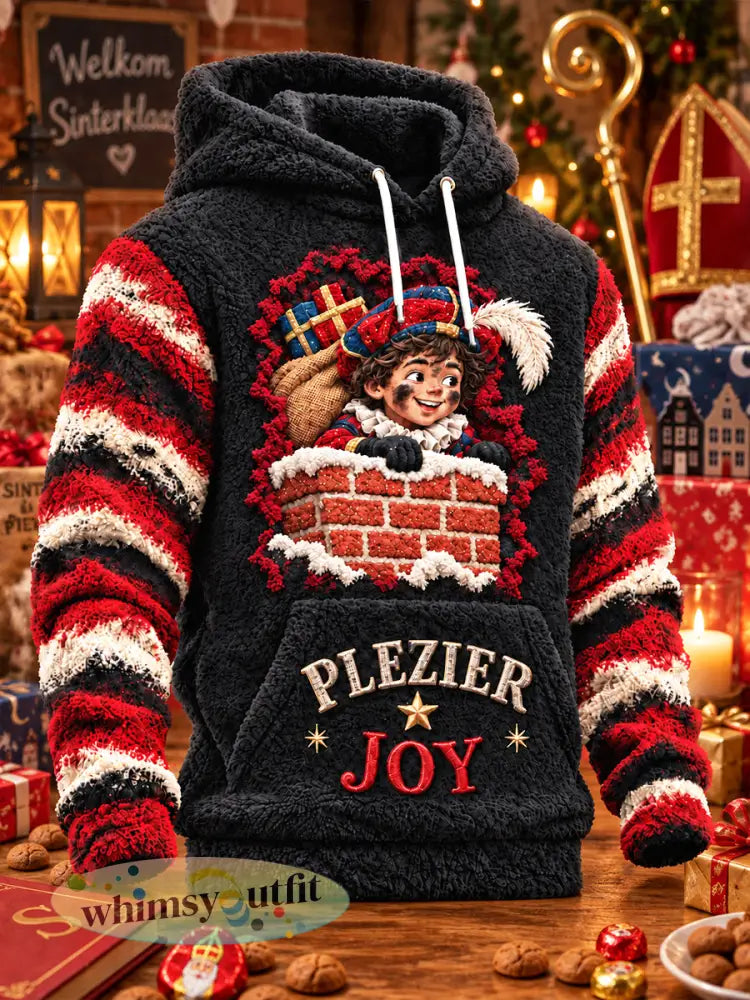 Zwarte casual verdikte hooded sweater voor heren met Sinterklaasprint - Zwart / S