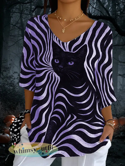 Zwarte kattenstrepen voor dames casual top met lange mouwen - Paars / S