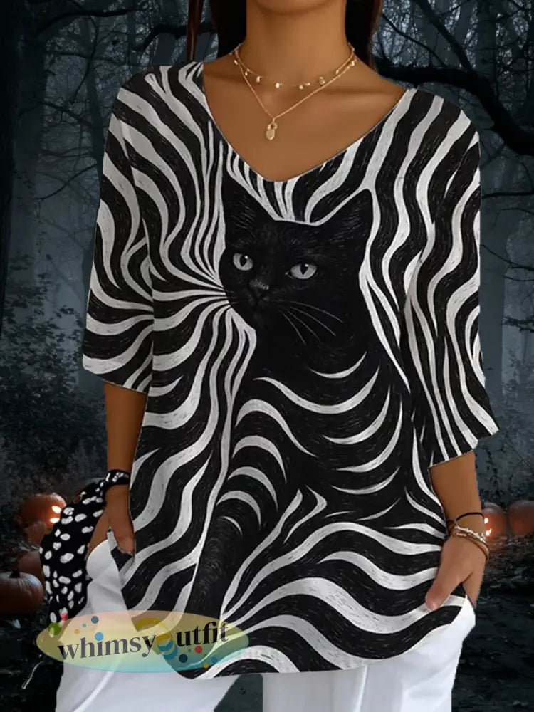 Zwarte kattenstrepen voor dames casual top met lange mouwen - Zwart / S