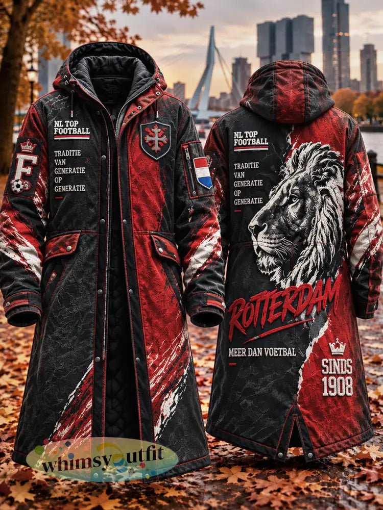 Zwarte lange vrijetijdse hooded jas voor heren met Feyenoord Eredivisie-voetbalprint - Zwart / S