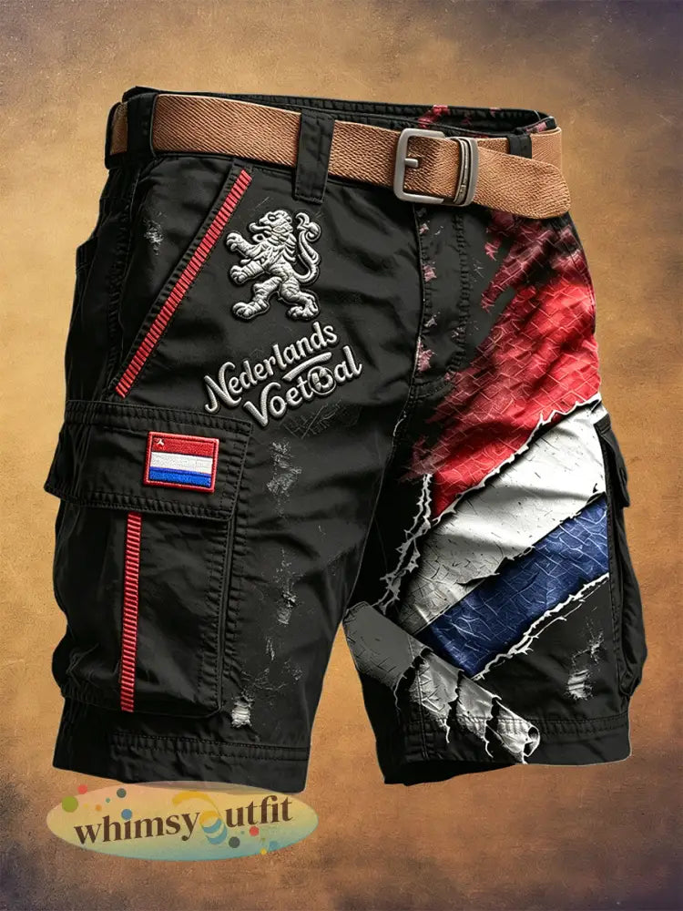 Zwarte Nederlandse voetbalprint casual werkshorts voor heren - Zwart / S