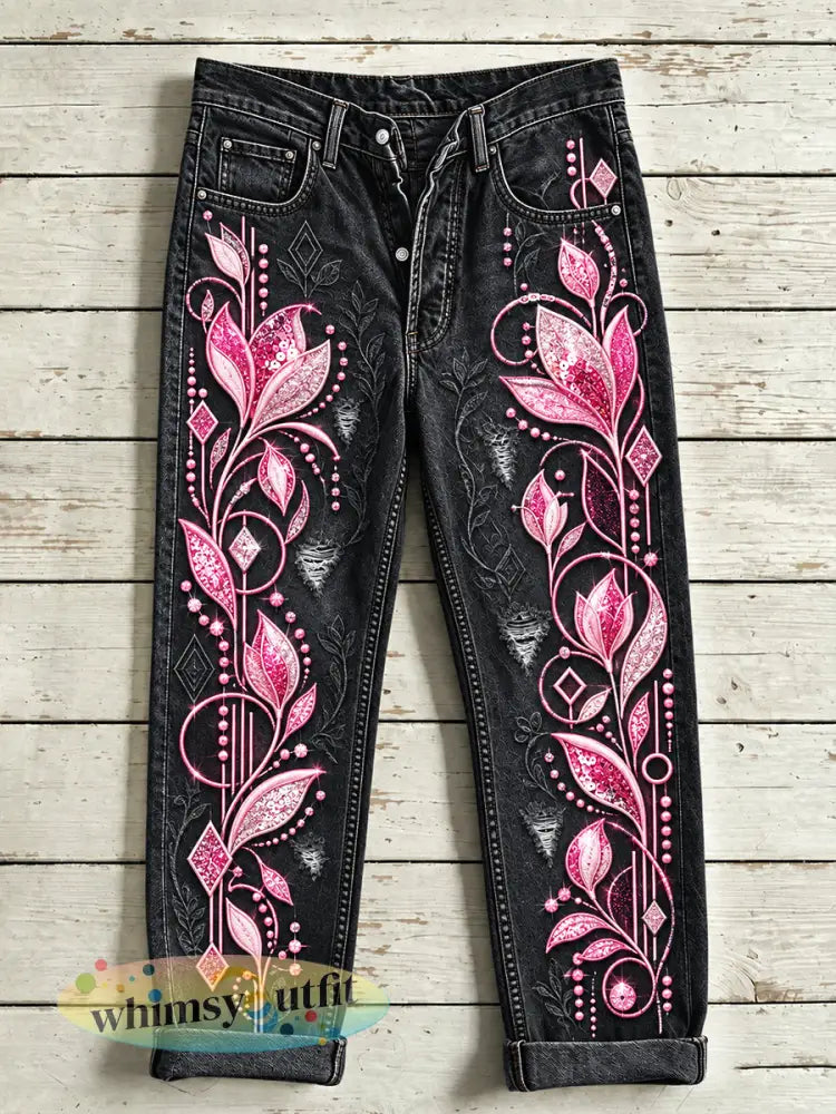 Zwarte vrijetijdspantalon met bloemenprint voor dames - Zwart / S
